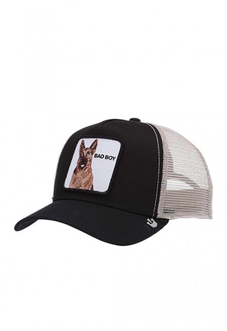 כובע שחור קטן עם ציור של כלב והמילה BAD BOY
