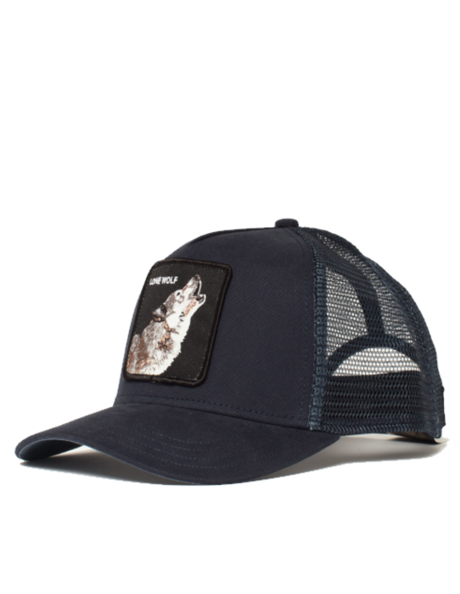 כובע שחור עם הדפס של זהב מצוויר אפור עם כיתוב LONE WOLF