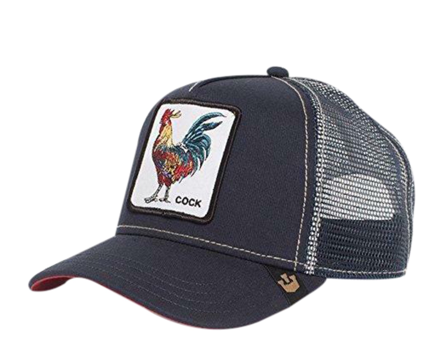 כובע בצבע כחול עם הדפס של תרנגולת צבעונית עליו