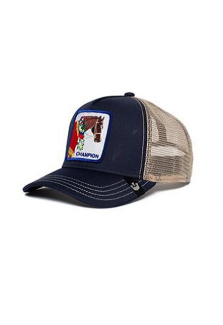 כובע כחול גינס עם הדפס של סוס וCHAMPION כתוב בכחול