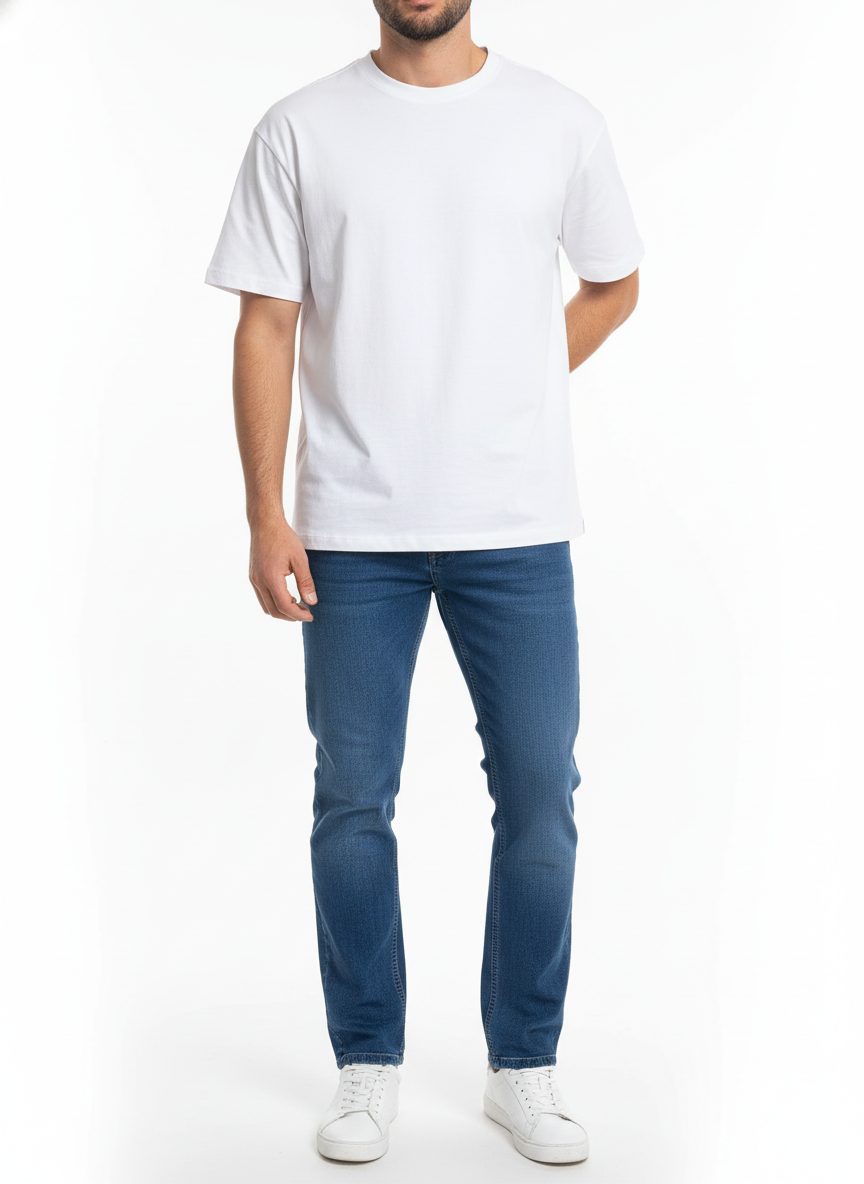 מכנסי ג׳ינס לגבר בגזרת סלים בצבע כחול עם שפשופים קלים