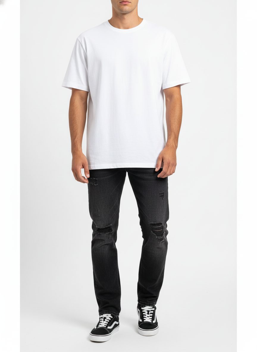 מכנסי ג׳ינס אוברסייז לגבר בסגנון BAGGY בצבע שחור משופשף עם קרעים סגורים בברך