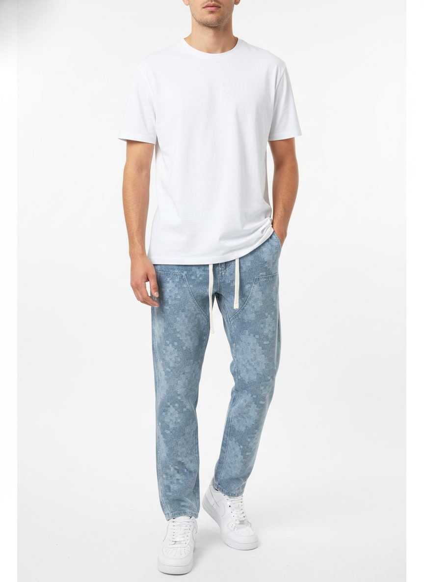 מכנסי ג׳ינס אוברסייז לגבר בסגנון BAGGY בצבע כחול בהיר טקסטורת משבצות