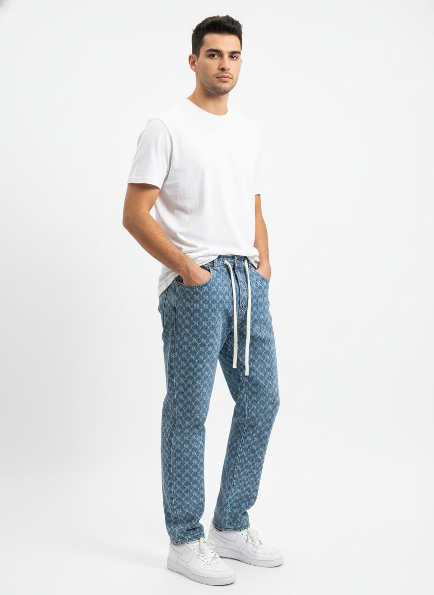 מכנסי ג׳ינס אוברסייז לגבר בסגנון BAGGY בצבע כחול עם אותיות NY