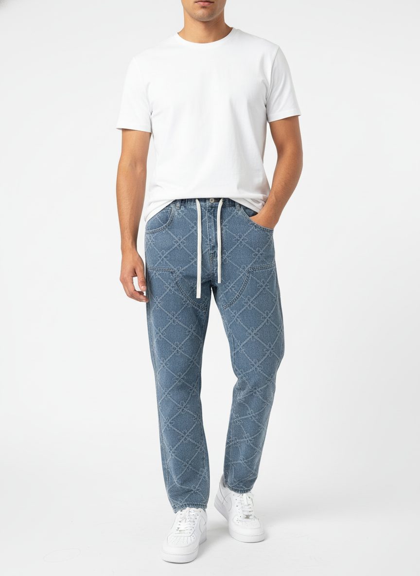 מכנסי ג׳ינס אוברסייז לגבר בסגנון BAGGY בצבע כחול עם טקסטורה