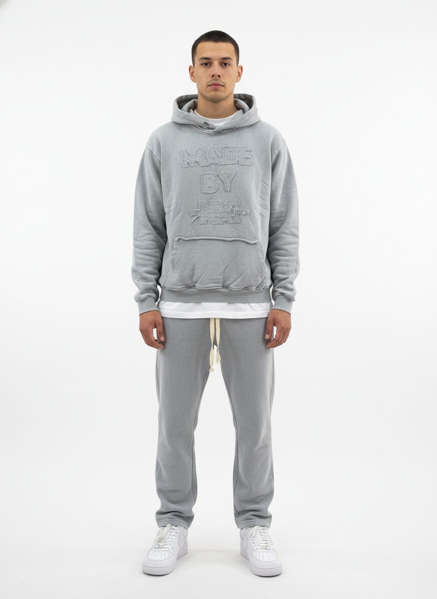 סט חליפה לגברים קפוצ׳ון ומכנס פוטר בגזרת אוברסייז בצבע אפור ווש