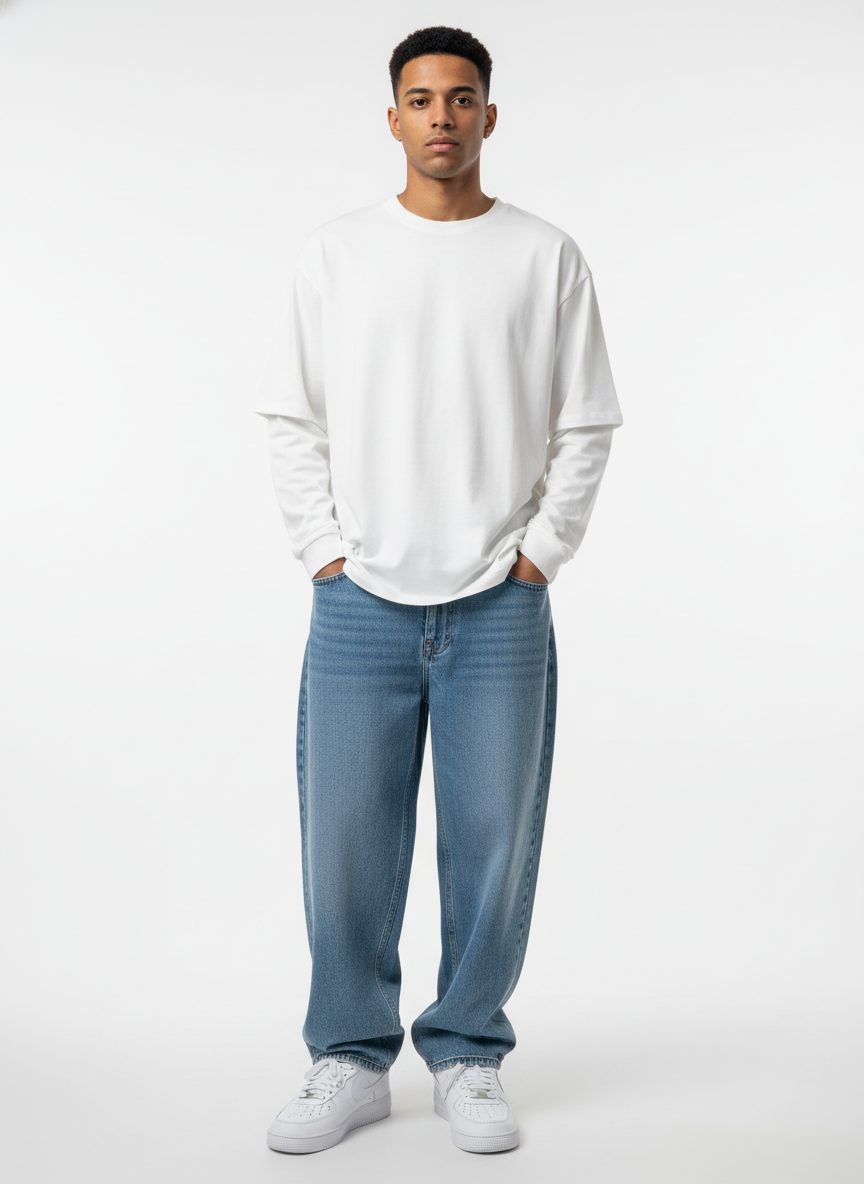 חולצת טישרט דאבל שרוול על שרוול ארוך לגבר בצבע לבן