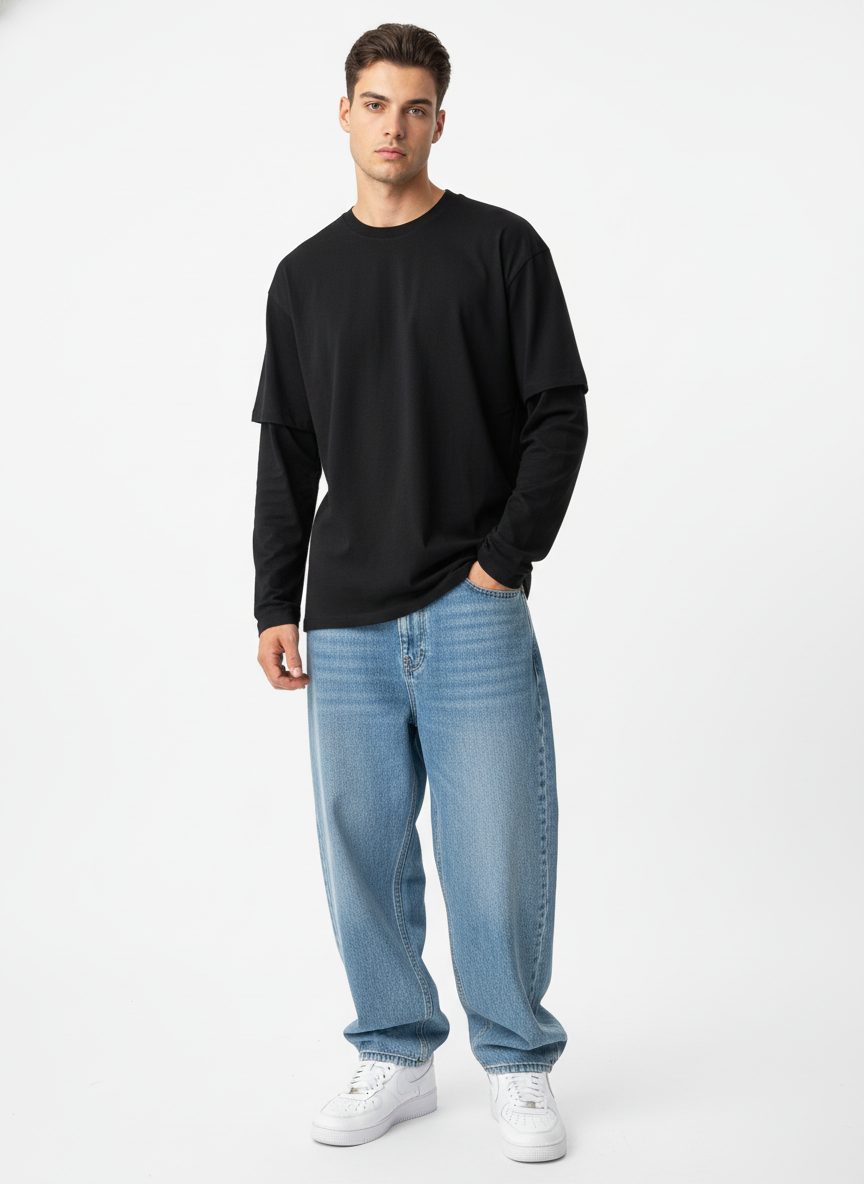 חולצת טישרט דאבל שרוול על שרוול ארוך לגבר בצבע שחור