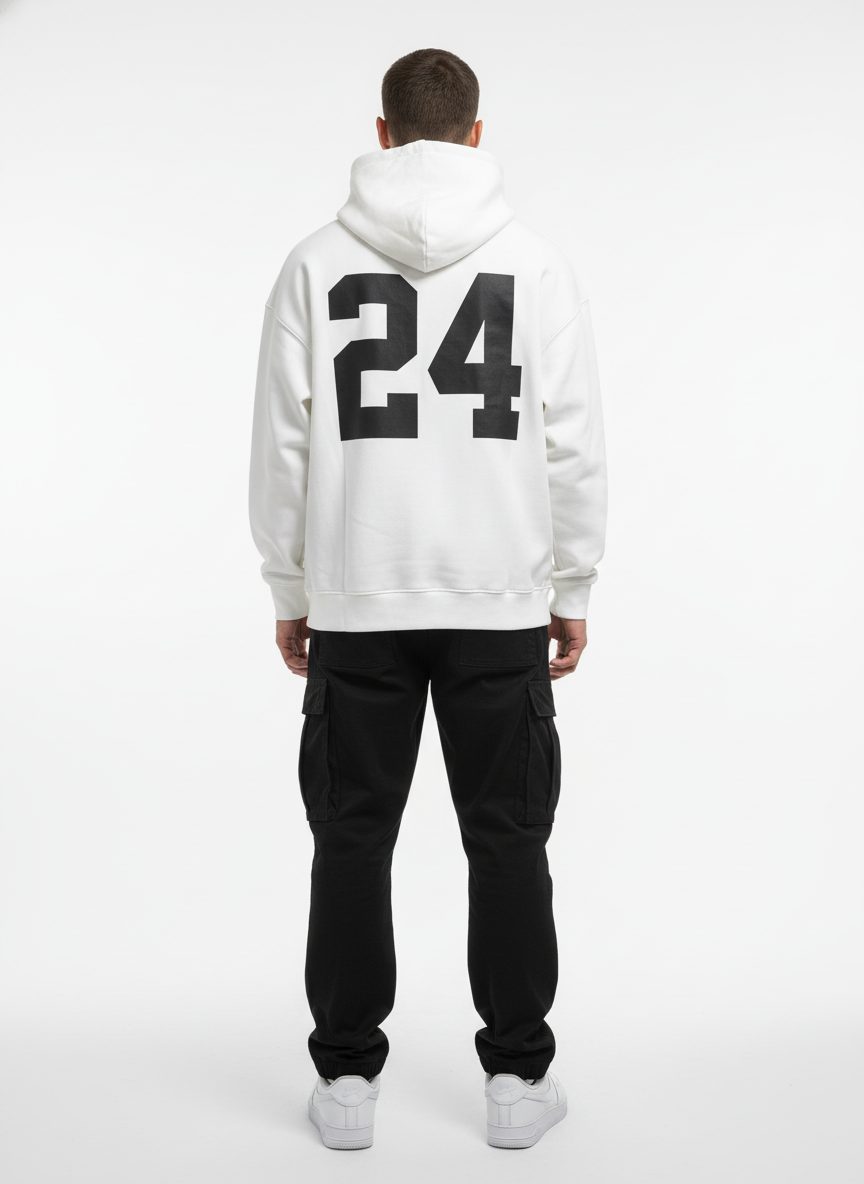 סוויטשירט קפוצ’ון איכותי לגבר רקום מספר 24 בגב בצבע לבן
