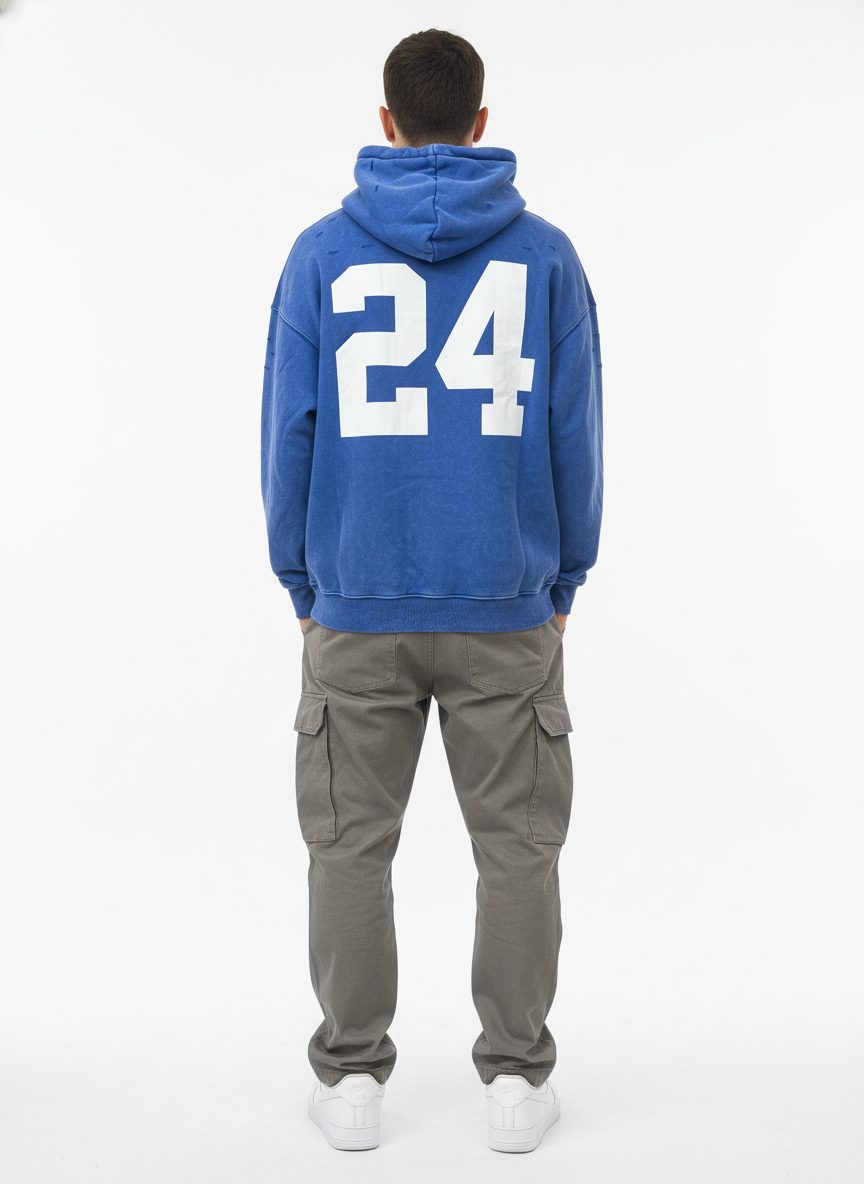 סוויטשירט קפוצ’ון איכותי לגבר רקום מספר 24 בגב בצבע כחול רויאל