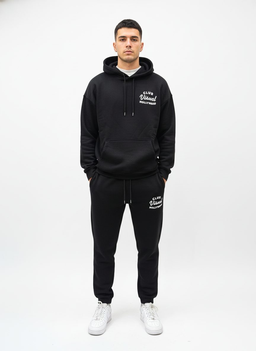 סט חליפה לגברים קפוצ׳ון ומכנס פוטר ויזואל סטודיו בצבע שחור